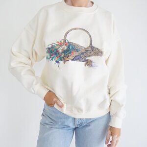 Vintage Northern Reflections Cream Knit Wicker Basket Floral Cottage Sweater M
